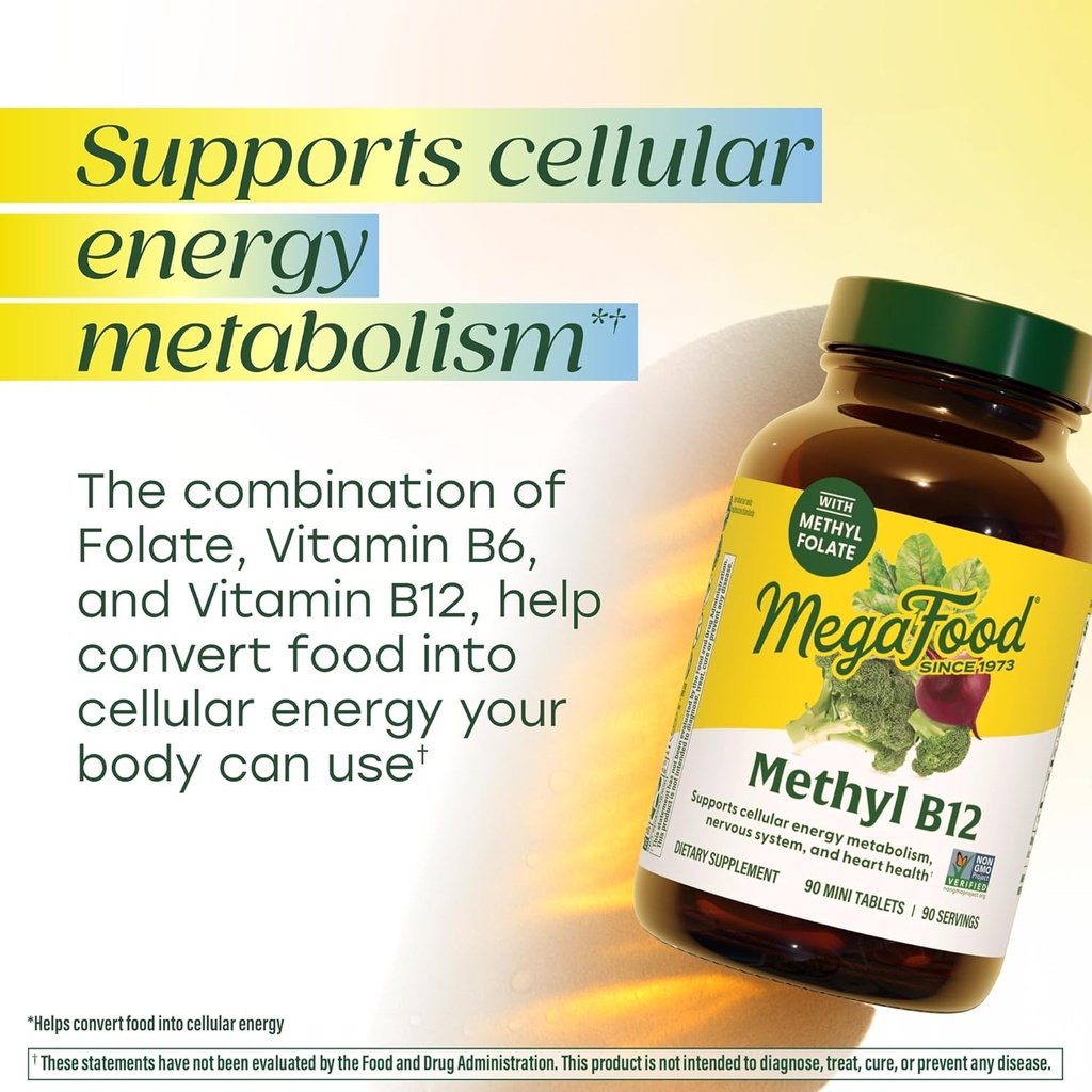MegaFood Methyl B12 - Vegan - Includes Methyl Folate, Vitamin B12 & B6 - Supports Cellular Energy Production, Nervous System Health & Cardiovascular Function - 60 Tablets 4