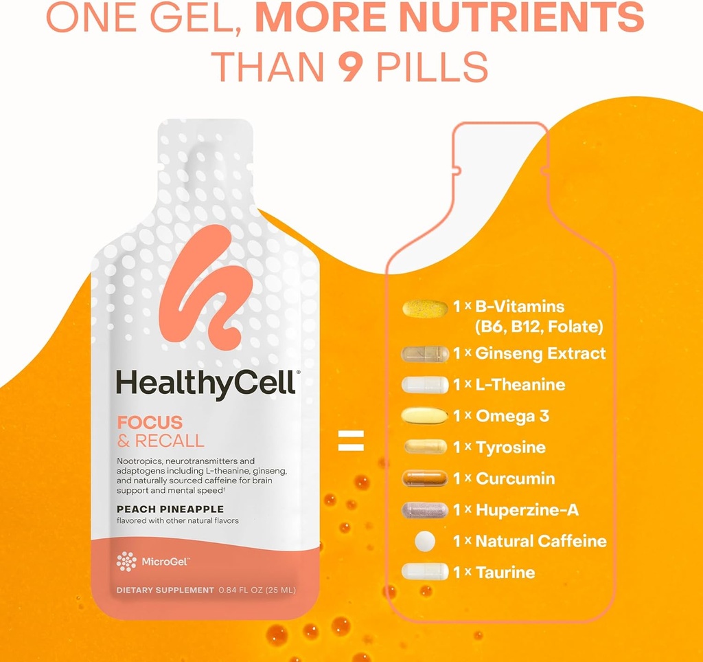 Healthycell Focus & Recall, Daily Liquid Brain Supplement for Focus & Memory - Nootropics Supplement for Concentration & Alertness with L-Theanine, Omega-3 & Taurine - 30 Gel Packs 5
