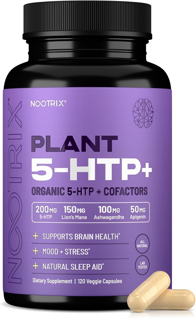 Nootrix Organic Plant 5 HTP+ Supplement | Supports Memory, Mental Focus, Cognitive Health & Energy | Promotes Healthy Mood & Brain Function | Vitamin B6 & L Theanine | 120 Capsules 2