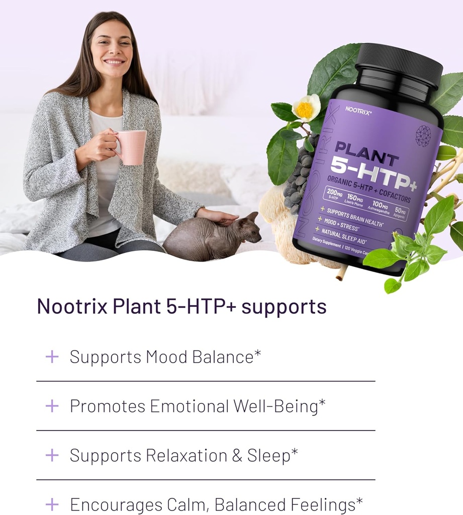 Nootrix Organic Plant 5 HTP+ Supplement | Supports Memory, Mental Focus, Cognitive Health & Energy | Promotes Healthy Mood & Brain Function | Vitamin B6 & L Theanine | 120 Capsules 4