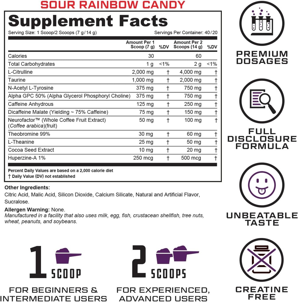 Prevail Pre Workout Powder with Nootropics: Pre-Workout Drink for Men and Women, Cutting Edge Energy and Focus Supplement with L Citrulline, Alpha GPC, L Tyrosine | Sour Rainbow Candy, 40 Scoops 4