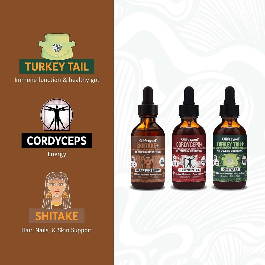 LIFE CYKEL AM Bundle- Energy Support, Immune System Support, Hair Skin & Nails Health- 100% Organic Mushrooms- Cordyceps Turkey Tail & Shiitake w/ Kakadu Plum, Made in the US, Non-GMO - 3 ct(2oz each) 4
