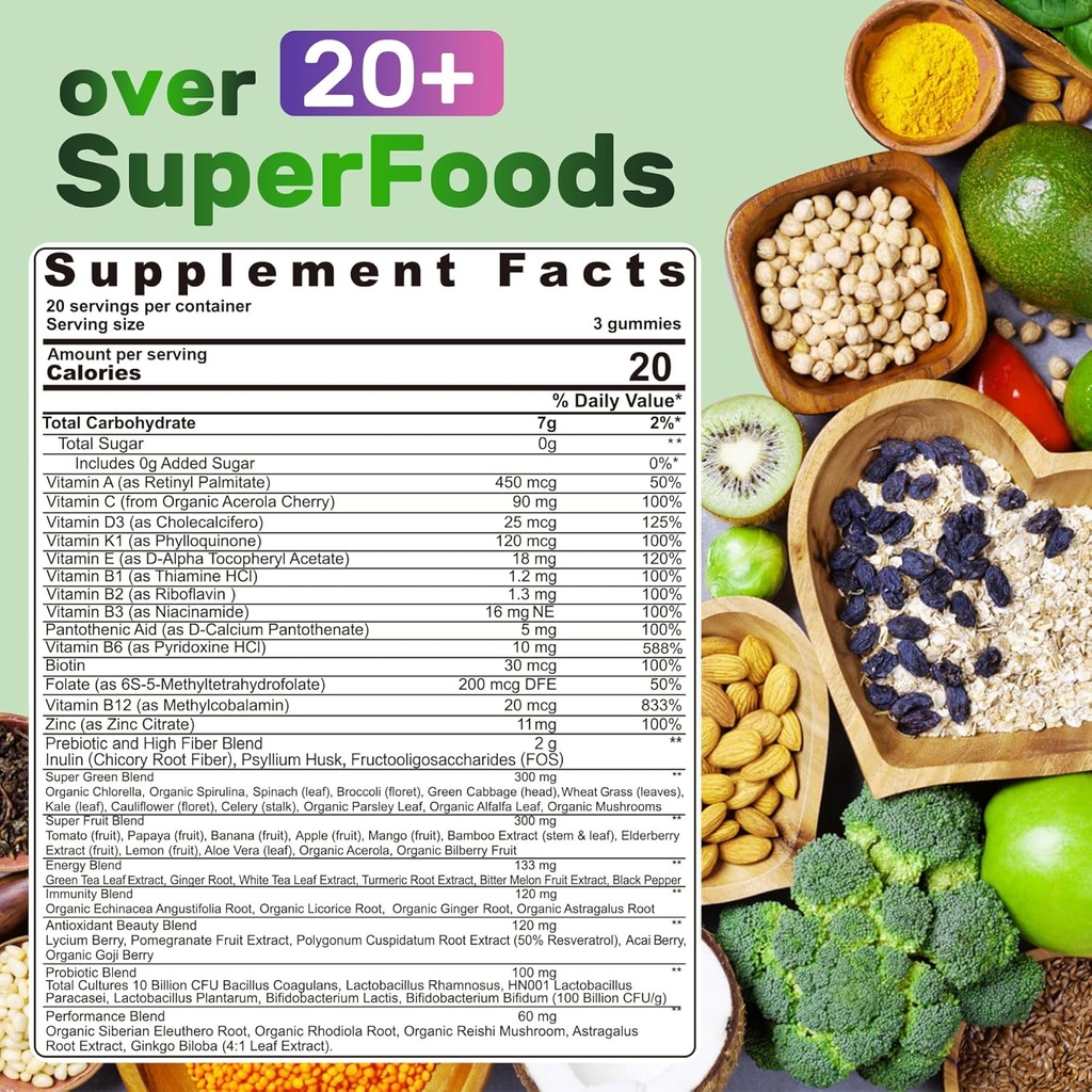 Super Greens Gummies, Greens Superfood Powder Alternative w/Spirulina, Chlorella, Prebiotic Fiber, Probiotic, Fruit Veggie, Daily Fruit Vegetable for Digestive & Gut Health, Immunity, Focus, 120 Cts 3