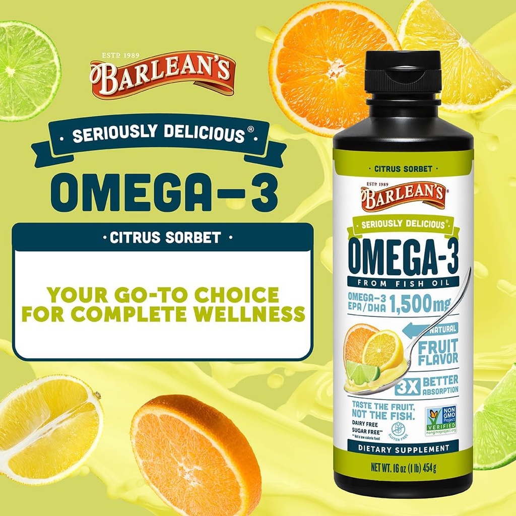 Barlean's Citrus Sorbet High Potency Omega 3 Fish Oil Liquid Supplement, 1500mg of EPA & DHA Fatty Acid, Smoothie Flavored & Burpless for Brain, Joint, & Heart Health, 16 oz 3