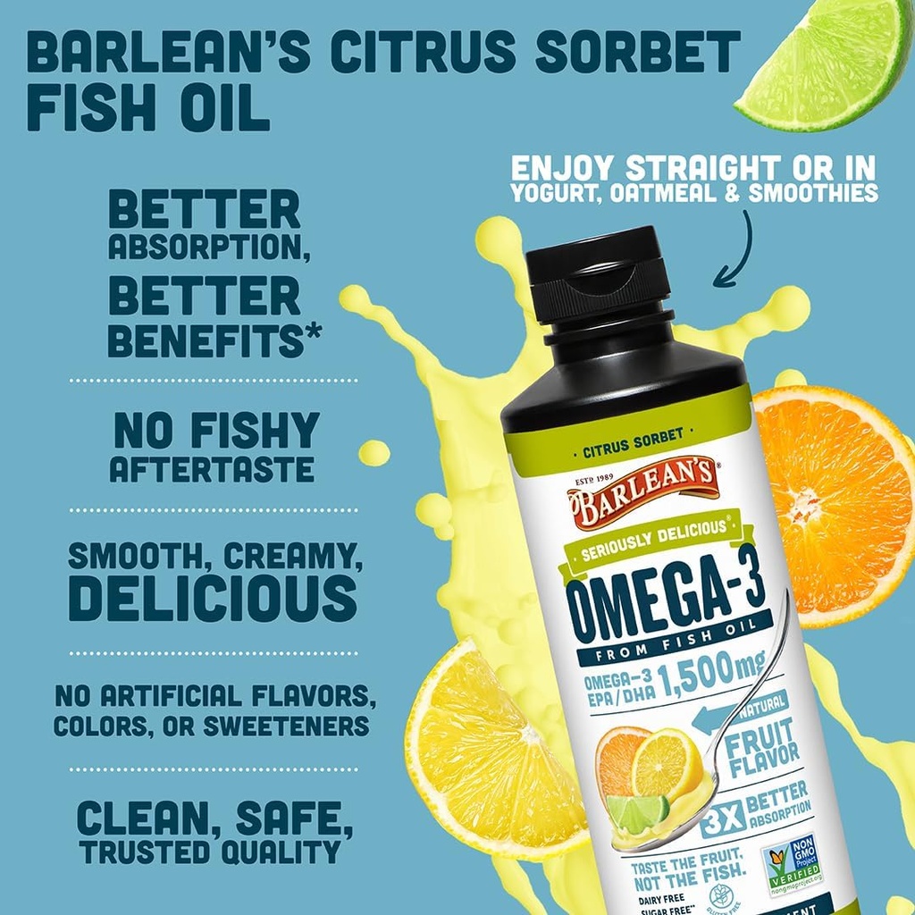 Barlean's Citrus Sorbet High Potency Omega 3 Fish Oil Liquid Supplement, 1500mg of EPA & DHA Fatty Acid, Smoothie Flavored & Burpless for Brain, Joint, & Heart Health, 16 oz 5