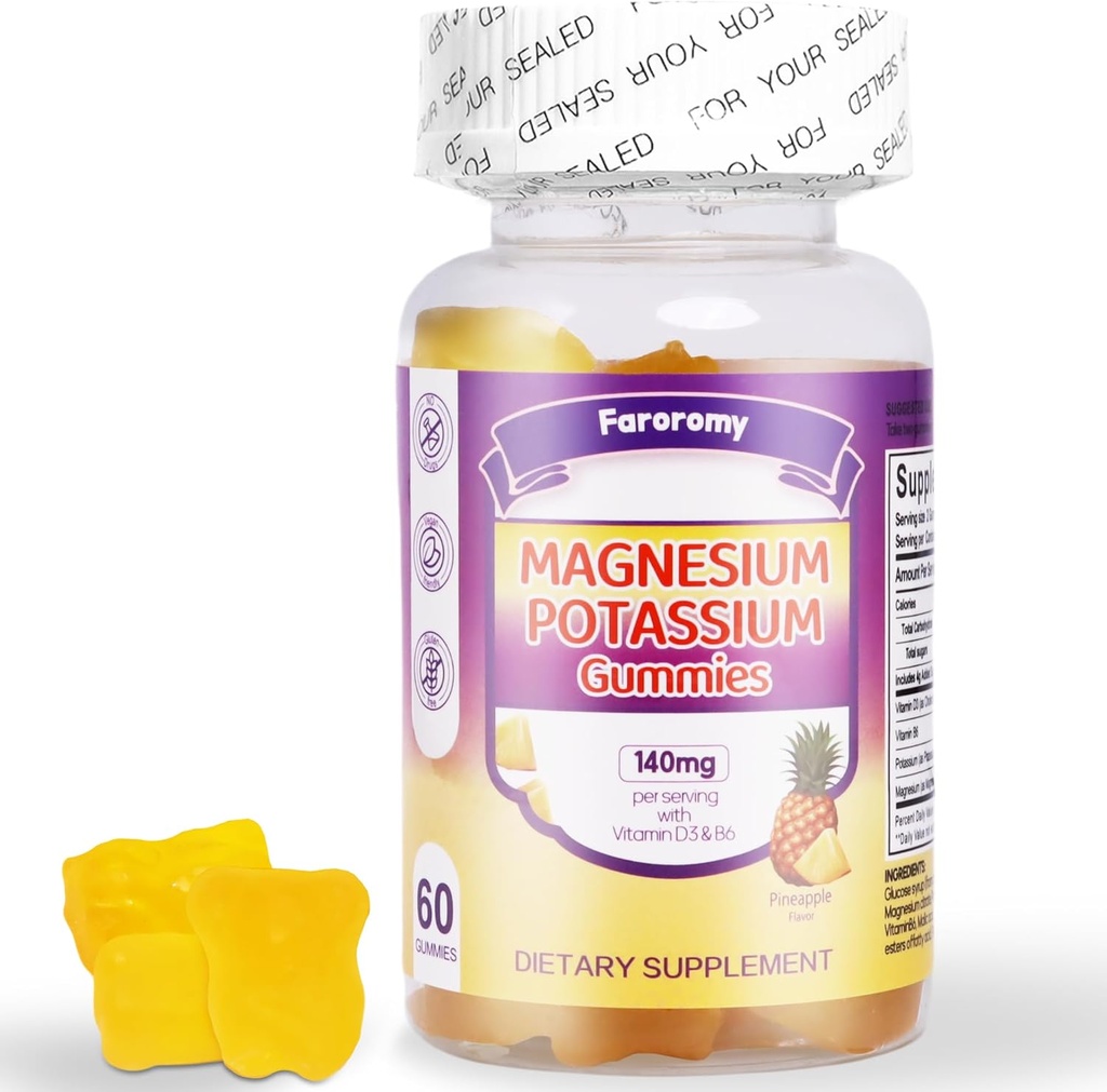 FaroromyPotassium Magnesium Gummies, Sugar-Free Magnesium Glycinate Supplement, Supports Leg Comfort, Muscle Function & Heart Health, Non-GMO, Pineapple Flavor, 60 Count 2