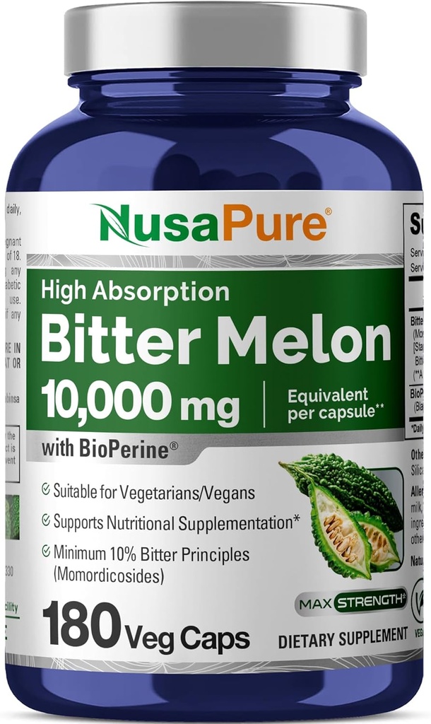 NusaPure Bitter Melon Extract 10,000 mg 180 Vegan Caps (100% Vegetarian, Non-GMO, Gluten-Free, 10% Bitter Principles) Bioperine 2