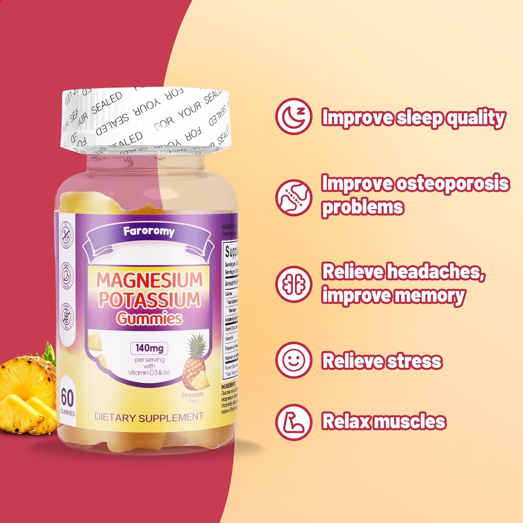 FaroromyPotassium Magnesium Gummies, Sugar-Free Magnesium Glycinate Supplement, Supports Leg Comfort, Muscle Function & Heart Health, Non-GMO, Pineapple Flavor, 60 Count 6