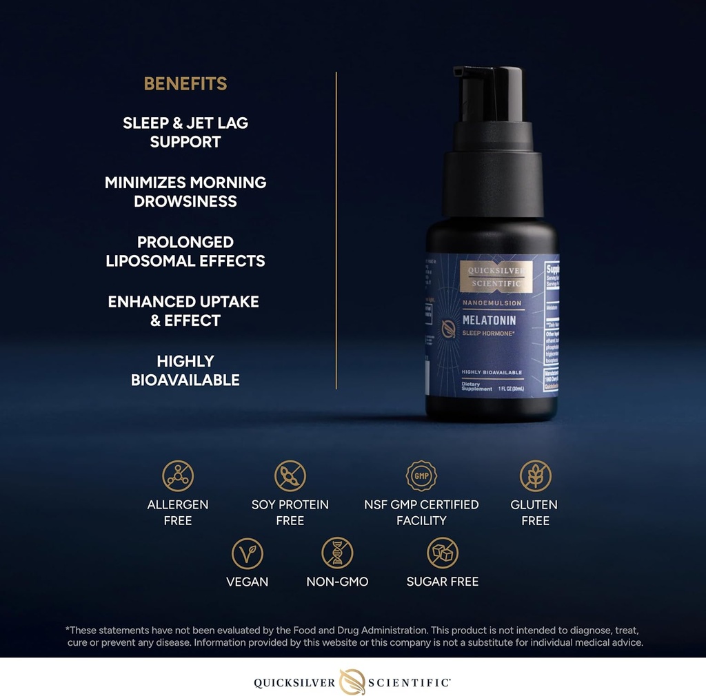 Quicksilver Scientific Liposomal Melatonin - Bedtime, Jet Lag & Immune Support Liquid for Adults - Efficient, Superior Absorption 1mg Melatonin to Minimize Morning Drowsiness (30 ml) 5