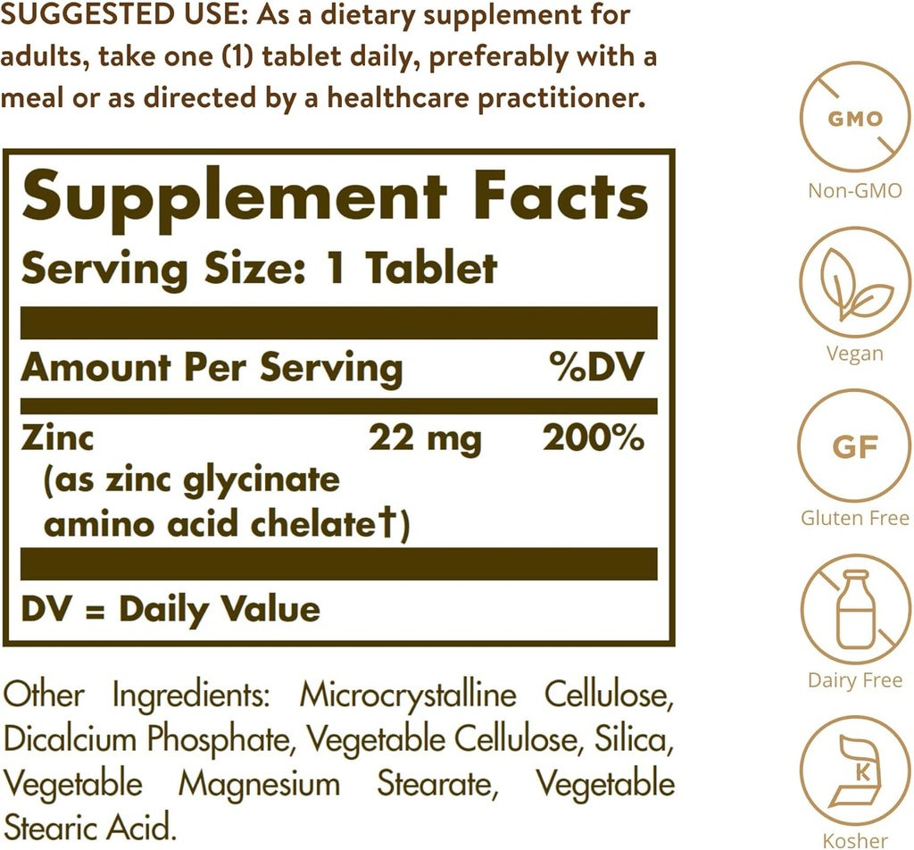Solgar Chelated Zinc, 100 Tablets - Zinc for Healthy Skin - Supports Cell Growth & DNA Formation - Exerts Antioxidant Activity - Supports A Healthy Immune System - Non GMO, Gluten Free - 100 Servings 3