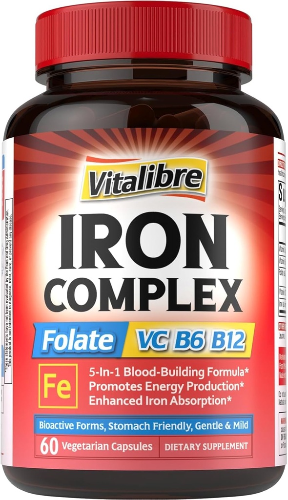 Iron Supplement for Women & Men, with Vitamins C, B6, B12 & Folate for Iron Deficiency, Blood Building & Energy Support, Stomach Friendly, Better Absorption, Non-GMO, No Gluten, 30 Vegan Caps 2