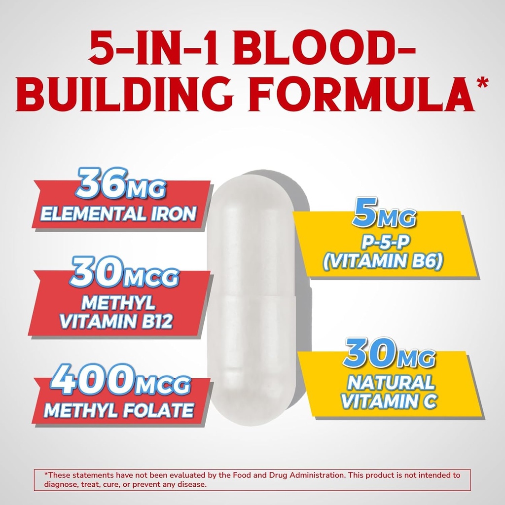 Iron Supplement for Women & Men, with Vitamins C, B6, B12 & Folate for Iron Deficiency, Blood Building & Energy Support, Stomach Friendly, Better Absorption, Non-GMO, No Gluten, 30 Vegan Caps 3