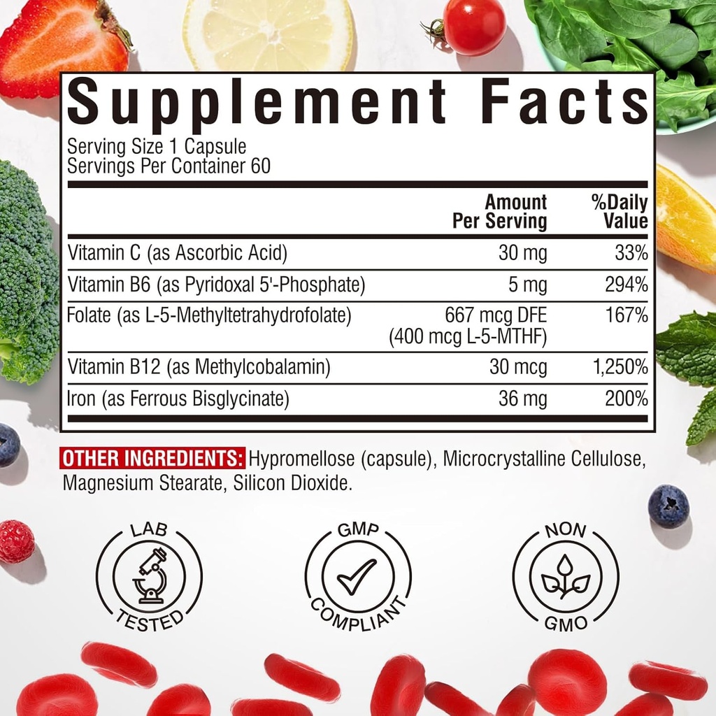 Iron Supplement for Women & Men, with Vitamins C, B6, B12 & Folate for Iron Deficiency, Blood Building & Energy Support, Stomach Friendly, Better Absorption, Non-GMO, No Gluten, 30 Vegan Caps 6