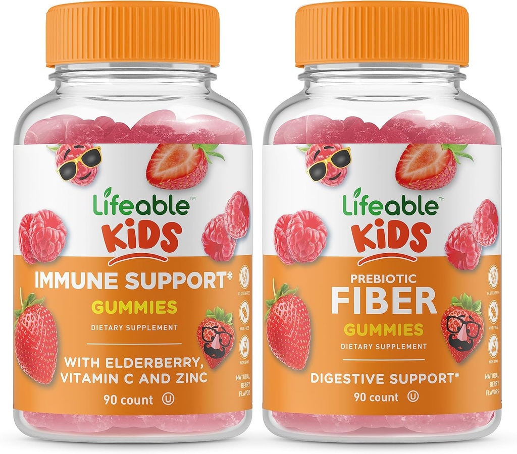 Lifeable Immune Support Kids + Prebiotic Fiber Kids, Gummies Bundle - Great Tasting, Vitamin Supplement, Gluten Free, GMO Free, Chewable Gummy 2