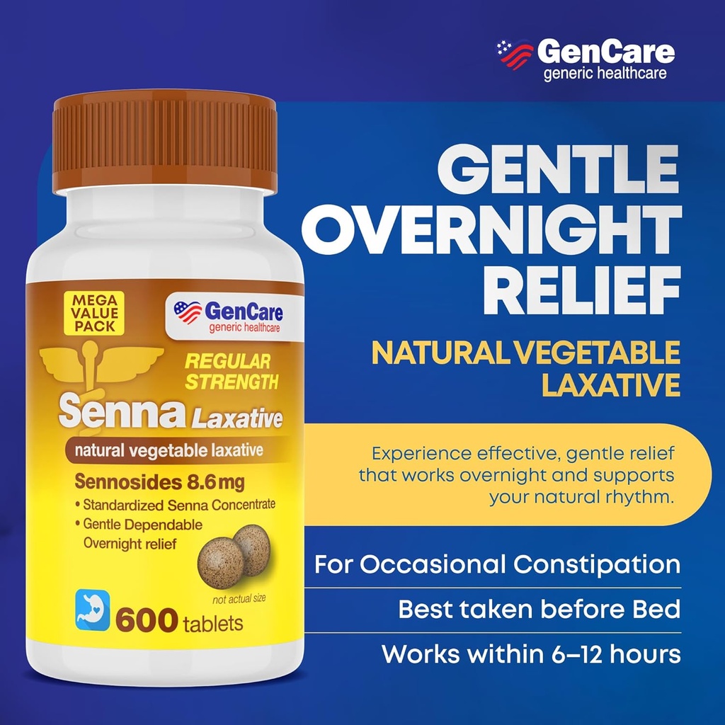 GenCare Senna Laxative 600 Tablets Senna 8.6mg Tablets with Natural Sennosides | Laxatives for Constipation, Bloating, Gas & Irregularity Relief. Safe & Effective | Generic for Senokot 3