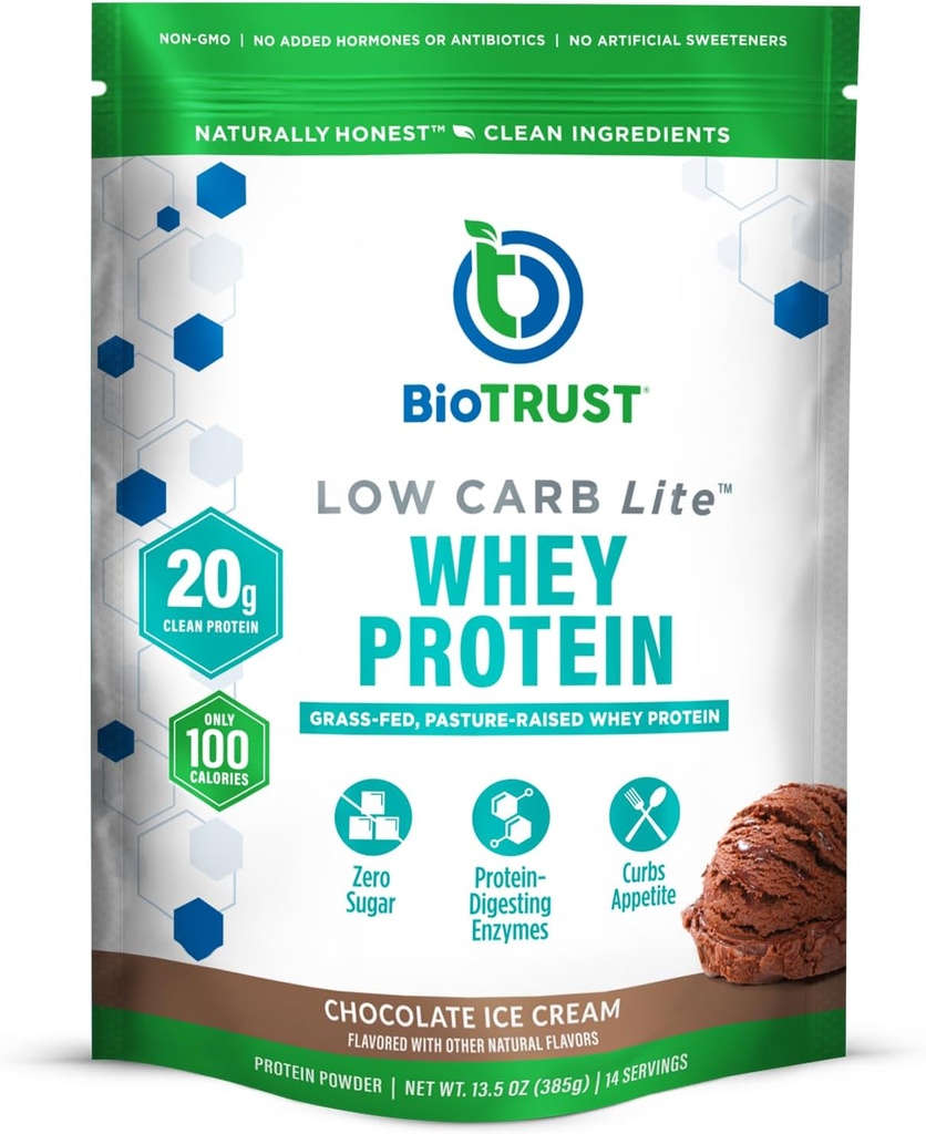 BioTrust Low Carb Lite, 20 Grams of Grass-Fed Whey Protein Isolate, 100 Calories, ProHydrolase Digestive Enzymes, Non-GMO, Free from Soy and Gluten, rBGH-Free (14 Servings) (Chocolate Ice Cream) 2