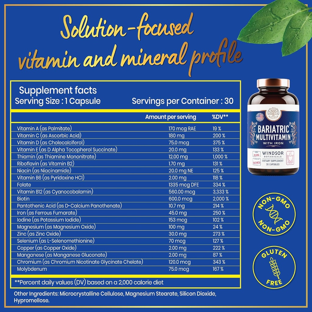 Bariatric Multivitamin with Iron - 45mg Iron Easy to Swallow, One a Day Bariatric Vitamins for Women and Men - Gastric Bypass, Gastric Sleeve Recovery Vitamin Multivitamins - 30 Caps 6