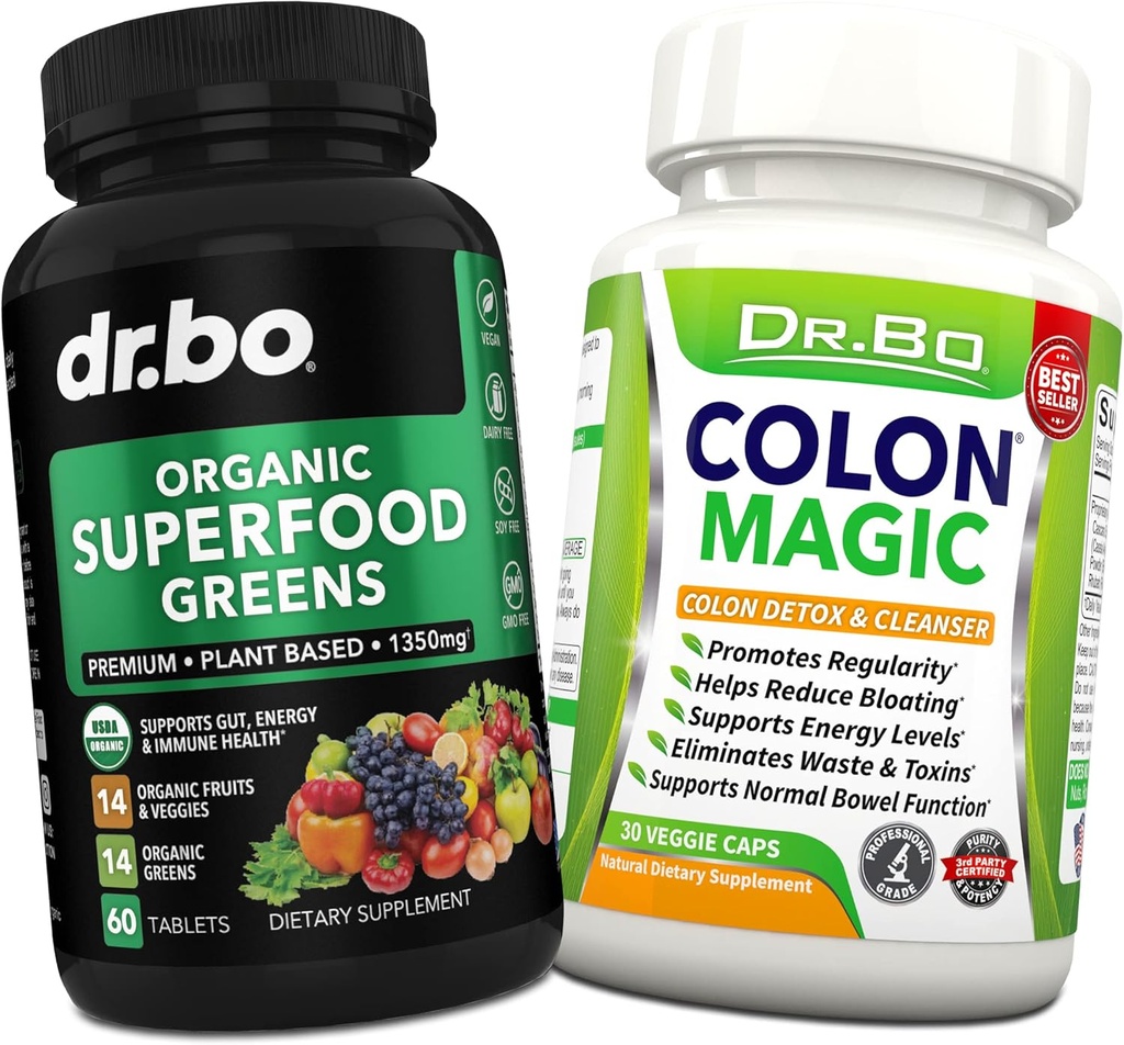 Organic Superfood Greens & Fruit Supplements - Colon Cleanse Detox Formula for Intestinal Bloating - Green Veggie Powder Blend Vegetable Foods & Constipation Relief Supplement Gut, Belly, Stomach 2
