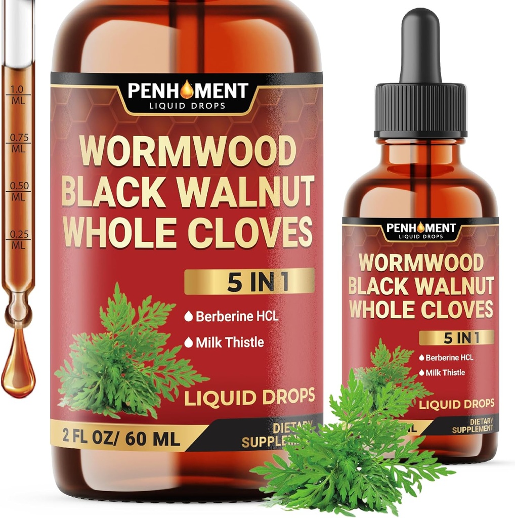 5in1 Wormwood Liquid Drops - Black Walnut Cloves Extract, Berberine, Milk Thistle - 2 Fl oz - 60 Days Supply 2
