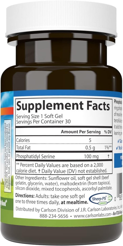 Carlson - Phosphatidyl Serine, 100 mg, Non-GMO, Brain Function, 30 Softgels 3