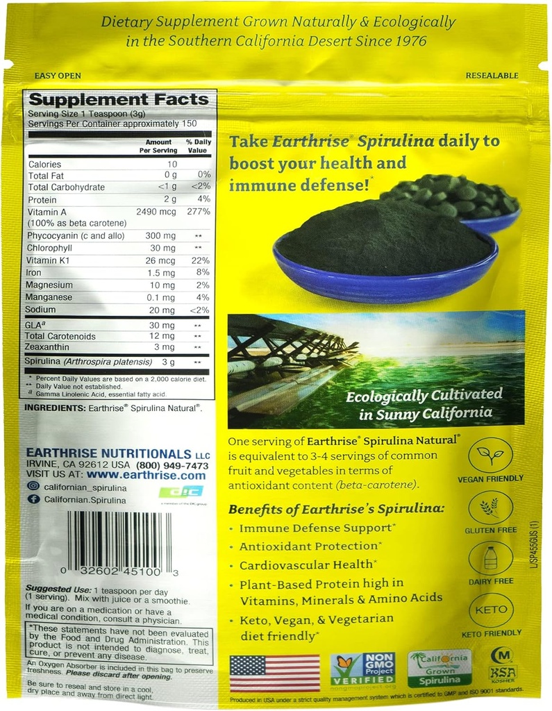 Earthrise Spirulina Natural Powder 16oz, Natural Premium Spirulina from California- Vegan, Gluten Free, Keto Friendly, Non -GMO Super Food high in Vitamins & Minerals. (1 LB) 3