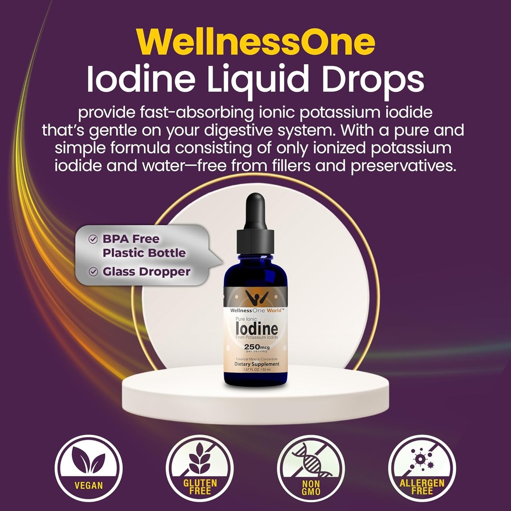 WellnessOne Iodine Drops for Thyroid Support - Fast Acting Liquid Iodine Supplement from Potassium Iodide - Great for Immunity & Cognition & Maximizes Iron Absorption - 1.67 fl oz 5