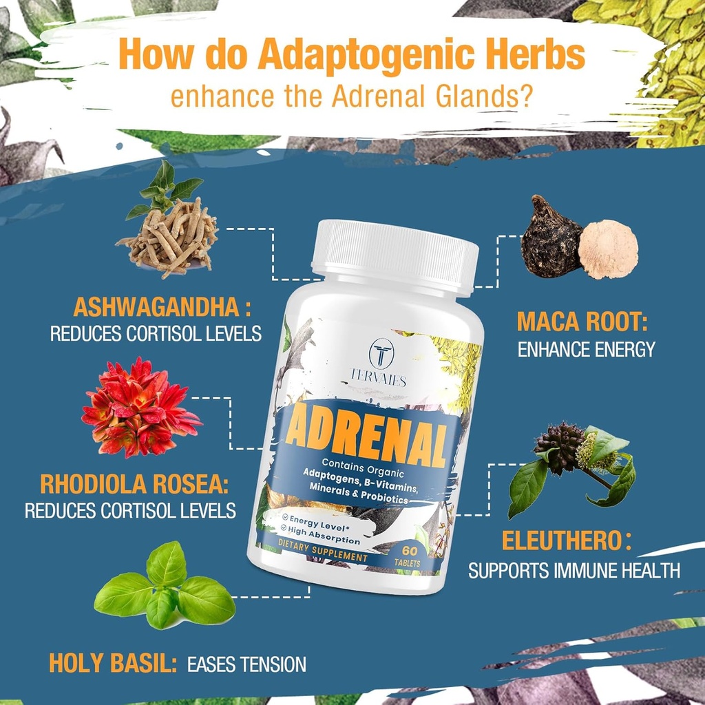 Adrenal Support Adaptogens Herbs Supplements - Cortisol Supplement with Rhodiola Rosea, Ashwagandha, Holy Basil and Eleuthero-Mood and Energy Support for Women & Men-Non-GMO, 120 Vegan Tablets 4