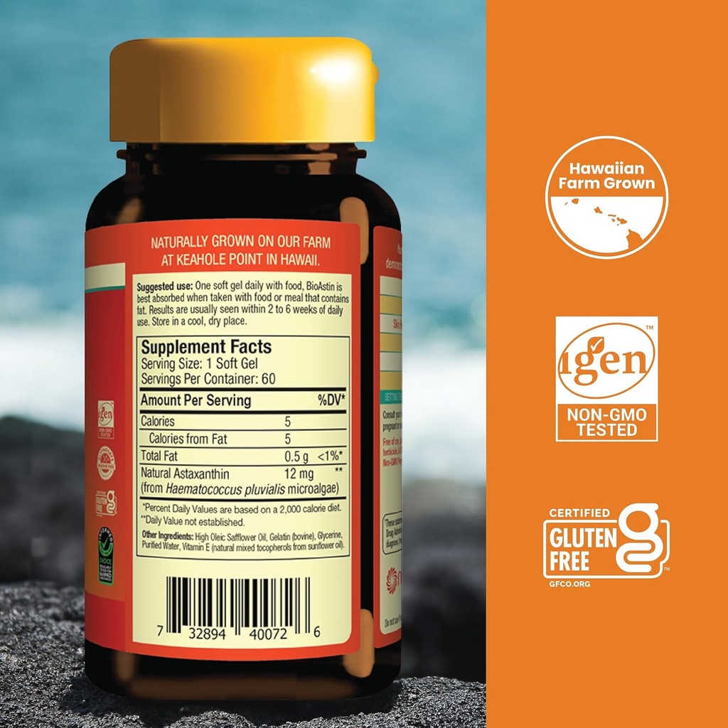 Nutrex Hawaii BioAstin Hawaiian Astaxanthin - 12mg, 60 Softgels - Farm-Direct Premium Antioxidant Supplement to Support Eye, Skin, Joint & Immune System Health - Non-GMO & Gluten-Free 3