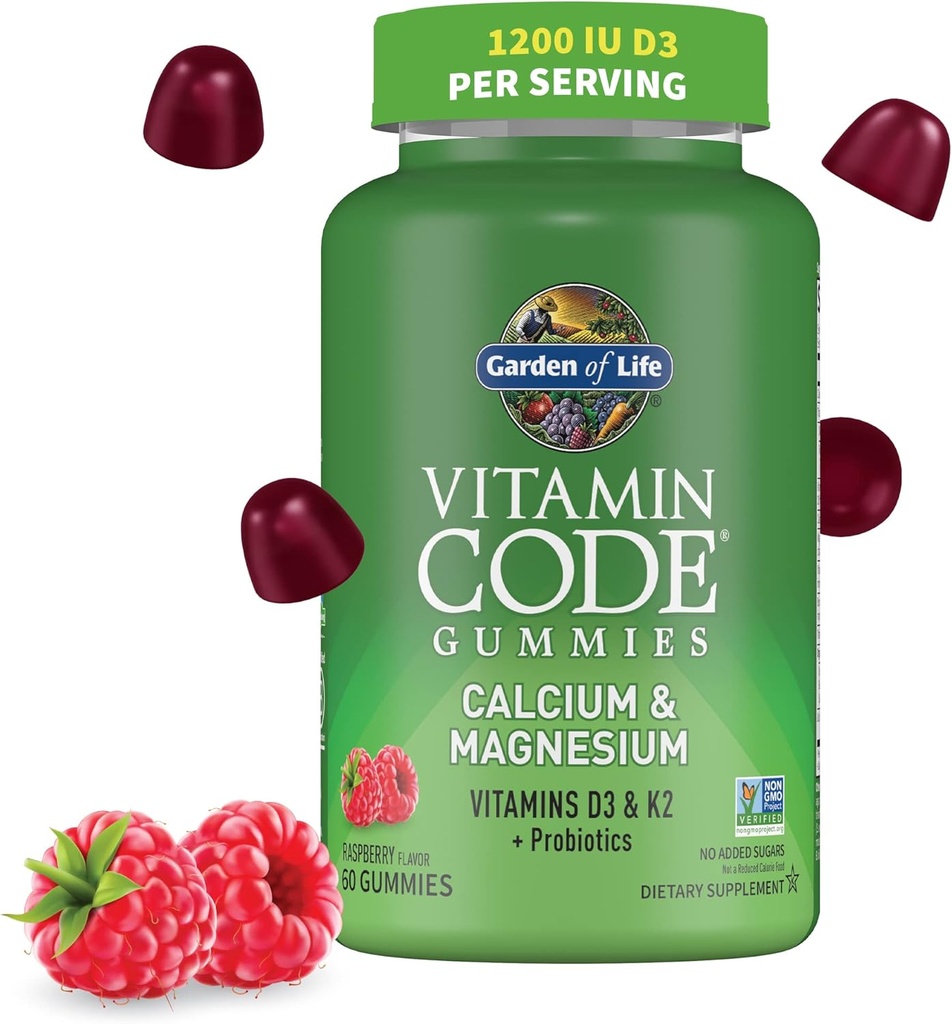 Garden of Life Vitamin Code Calcium Magnesium Gummies with D3 & K2, Supports Bone Health & Bone Strength + Prebiotics & Probiotics for Digestive Support, Non-GMO, Gluten-Free, 60 Raspberry Gummies 2