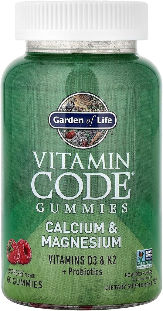 Garden of Life Vitamin Code Calcium Magnesium Gummies with D3 & K2, Supports Bone Health & Bone Strength + Prebiotics & Probiotics for Digestive Support, Non-GMO, Gluten-Free, 60 Raspberry Gummies 4