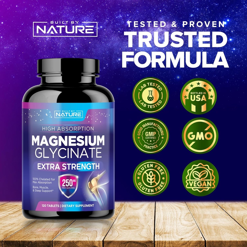Magnesium Glycinate 250mg - High Absorption Chelated Magnesium Supplement - 100% Pure Magnesium Glycinate - Stress, Sleep, Heart, and Muscle Health Support - Non-GMO, Vegan, Gluten-Free (120 Tablets) 6