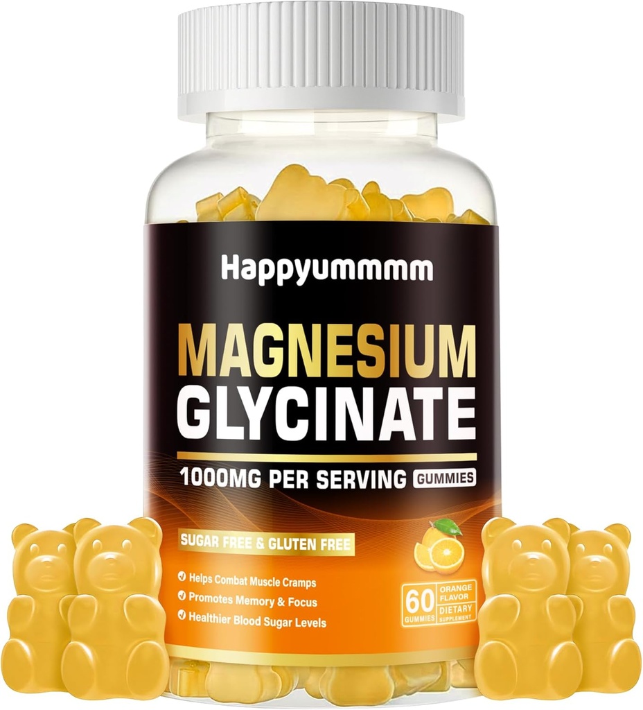 Magnesium Glycinate Gummies 1000mg - Sugar Free Magnesium Potassium Supplement with Vitamin D, B6, CoQ10 for Calm Mood & Sleep Support - 120 Orange Gummies. 2