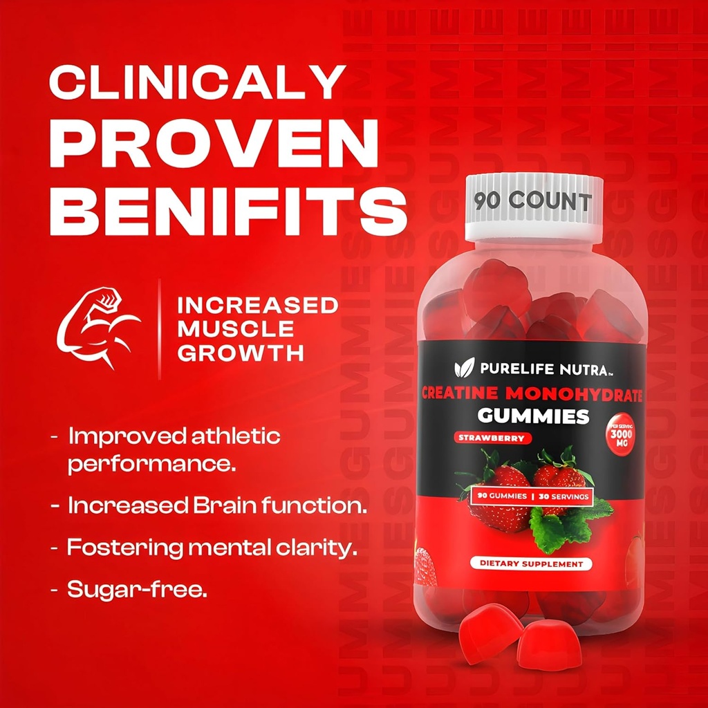Creatine Monohydrate Gummies - 3g Serving, Sugar Free, 90 Count, Non-GMO, Designed for Men & Women, Gluten Free, Non Bloating - Vegan, Halal, Kosher. (90 Units, Strawberry) 4
