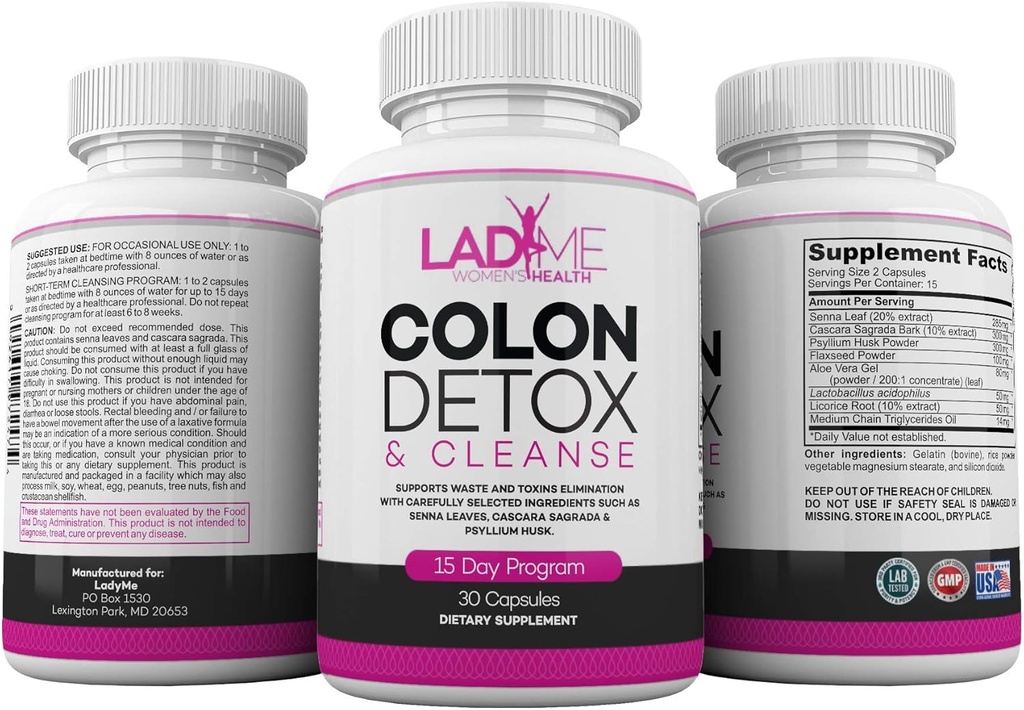 Pure Colon Cleanse & Detox 15 Day Program - Herbal Laxative Constipation Relief with Psyllium Husk, Cascara Sagrada & Senna Leaves - Special Women Intestinal Cleanser by Ladyme - 30 Capsules 3