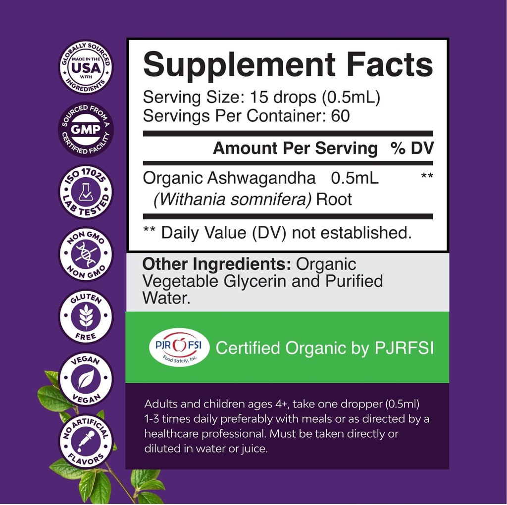 USDA Organic Ashwagandha Liquid Drops - Ashwagandha Root Extract for Stress and Mood Support - Delicious Pure Adaptogen Drops for Adults - Alcohol-Free Herbal Tinctures for Rest - 30 ml Bottle 4