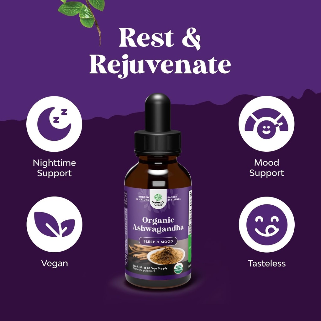 USDA Organic Ashwagandha Liquid Drops - Ashwagandha Root Extract for Stress and Mood Support - Delicious Pure Adaptogen Drops for Adults - Alcohol-Free Herbal Tinctures for Rest - 30 ml Bottle 5