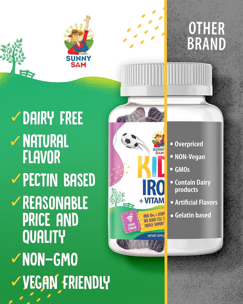 SUNNY SAM Iron Gummies for Kids & Teens - 10mg Vitamins with Vitamin C - Low-Sugar Chewable Iron Gummy Supplement for Immune Support, Supports Red Blood Cell Production for Children & Teen Girls 6