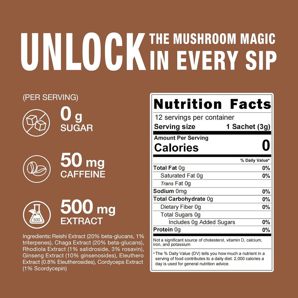 Mushroom Coffee Mix 7 in 1, TCM Designed for Energy with Reishi, Cordyceps, Chaga, Rhodiola, Ginseng, and Eleuthero Mushroom Extracts – 12 Sachets 3