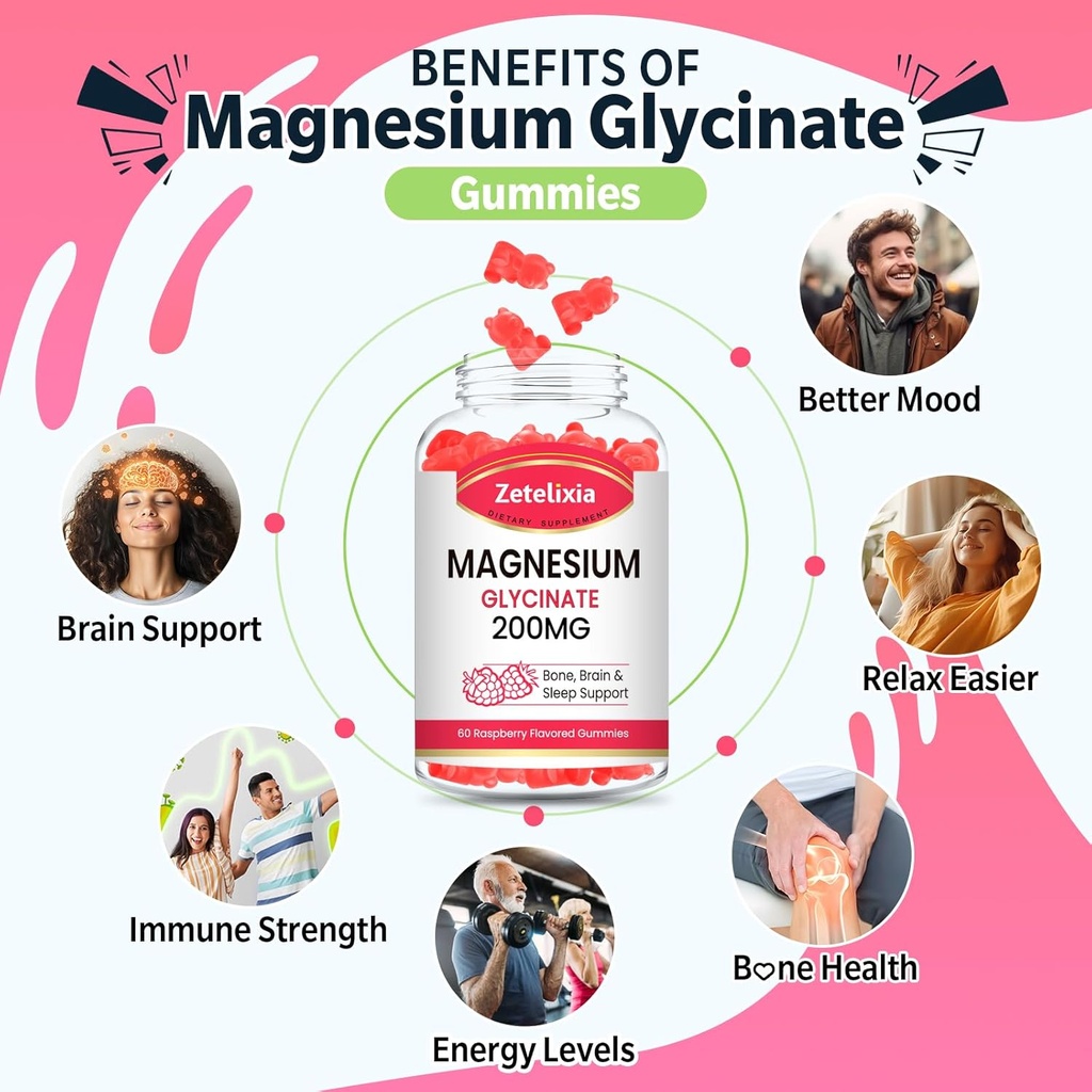 Magnesium Glycinate Gummies, High Absorption Magnesium Glycinate Supplements for Relaxation, Magnesium Chews for Adults and Kids, Raspberry Flavor 120 Count 4