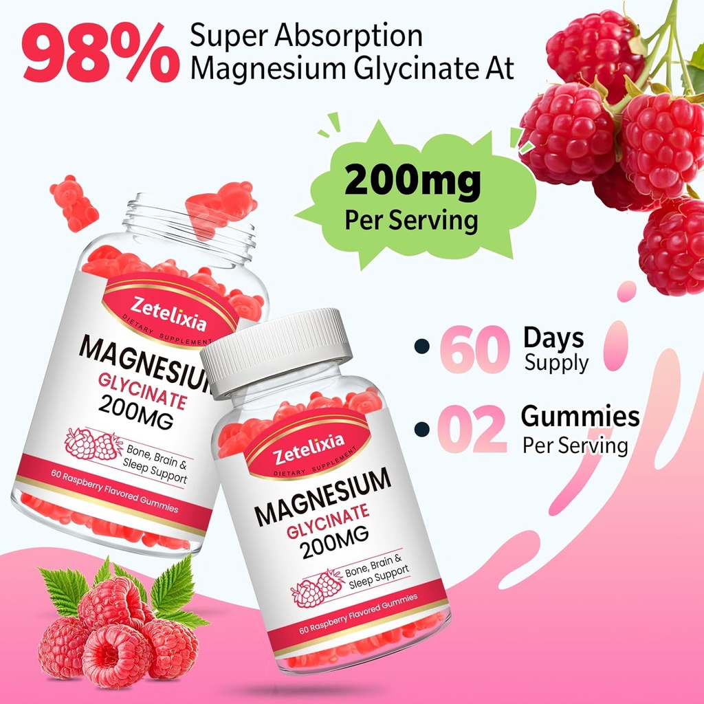 Magnesium Glycinate Gummies, High Absorption Magnesium Glycinate Supplements for Relaxation, Magnesium Chews for Adults and Kids, Raspberry Flavor 120 Count 5
