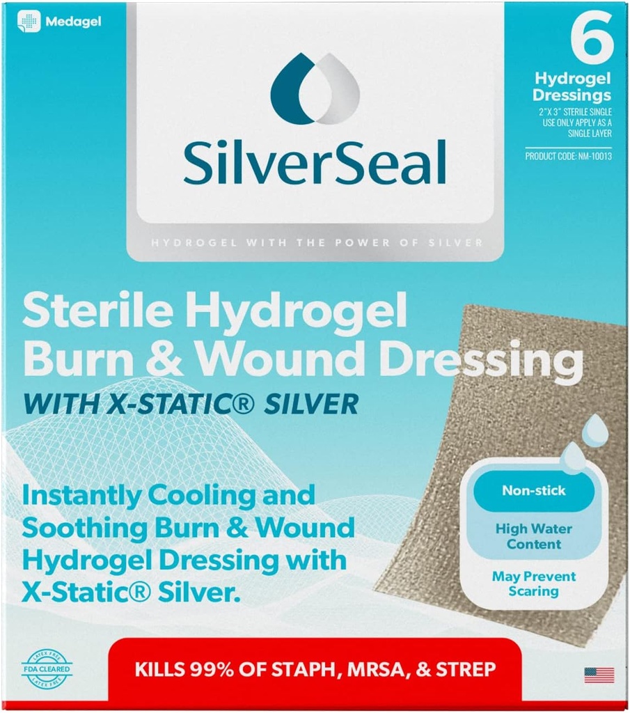 SilverSeal Burn and Wound Dressing, Hydrogel Pads with X-Static Silver, Soothing, Moist & Protective for Burns, Cuts & Wounds, 2" x 3" Sterile Dressings, 6 Count 2