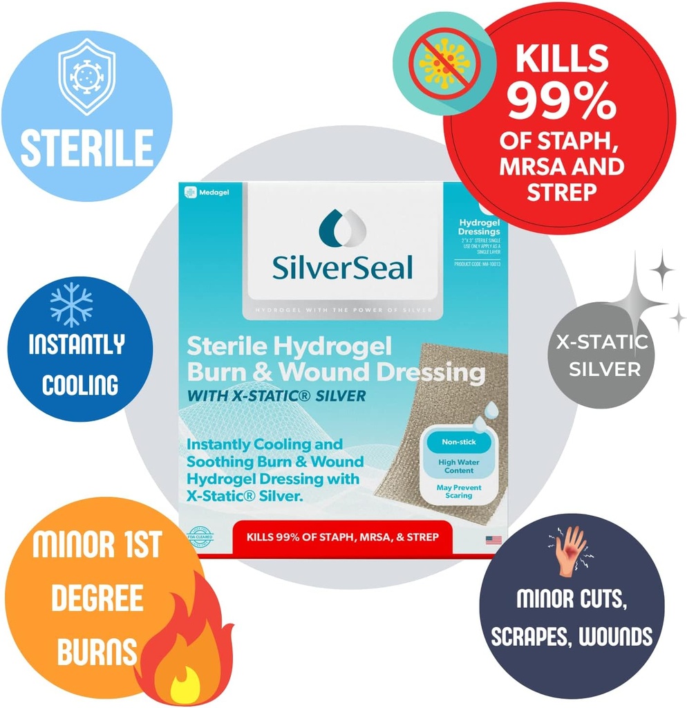 SilverSeal Burn and Wound Dressing, Hydrogel Pads with X-Static Silver, Soothing, Moist & Protective for Burns, Cuts & Wounds, 2" x 3" Sterile Dressings, 6 Count 4