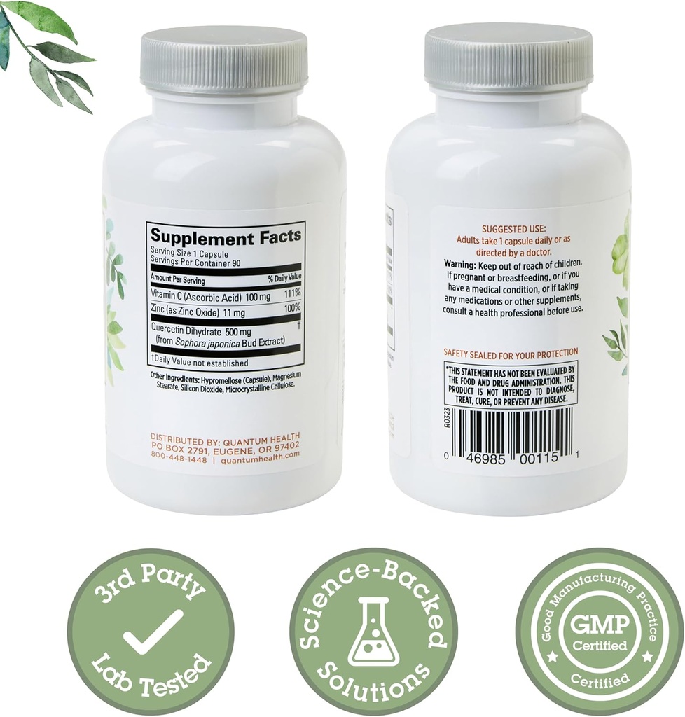 Quantum Health Quercetin+ 500mg Powerful Immune Support Supplement with Zinc 11 mg & Vitamin C 100 mg - Seasonal Immunity Boost, Respiratory Health & Gut Support Complex for Women & Men - 90 Capsules 3