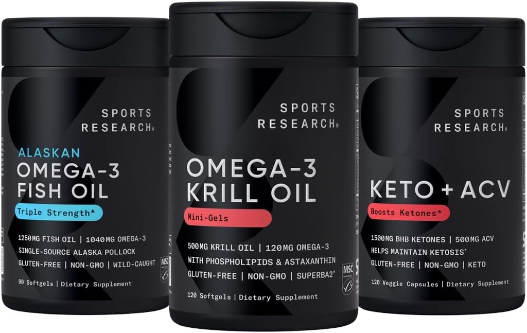 Sports Research Triple Strength Omega 3 Fish Oil, Antarctic Krill Oil + Phospholipids, Choline & Astaxanthin Mini-Softgels, Keto Plus ACV 500mg of Apple Cider Vinegar & 1500mg goBHB Exogenous Ketones 2