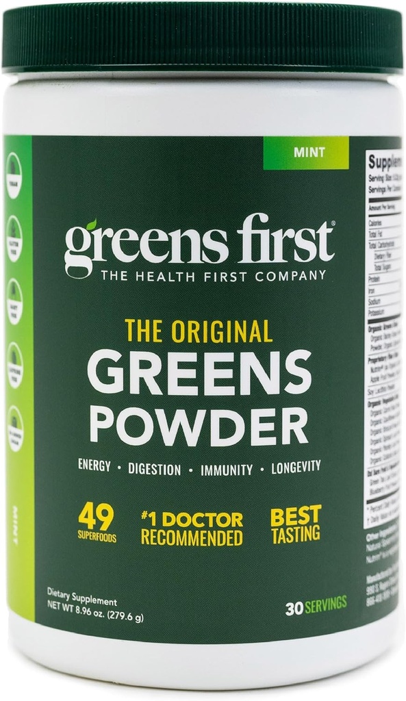 Greens First Original Greens Powder - 49 Superfoods - Organic Fruits & Veggies - Prebiotics, Probiotics & Digestive Enzymes - Antioxidant Smoothie - Dairy Free, Vegan & Non-GMO (Mint, 30 Servings) 2