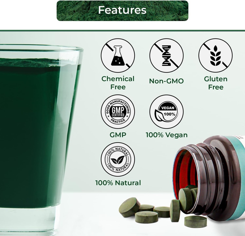 Organic Spirulina Tablets - 100% Pure Vegan, Non-GMO, Gluten Free, Chemical Free 4