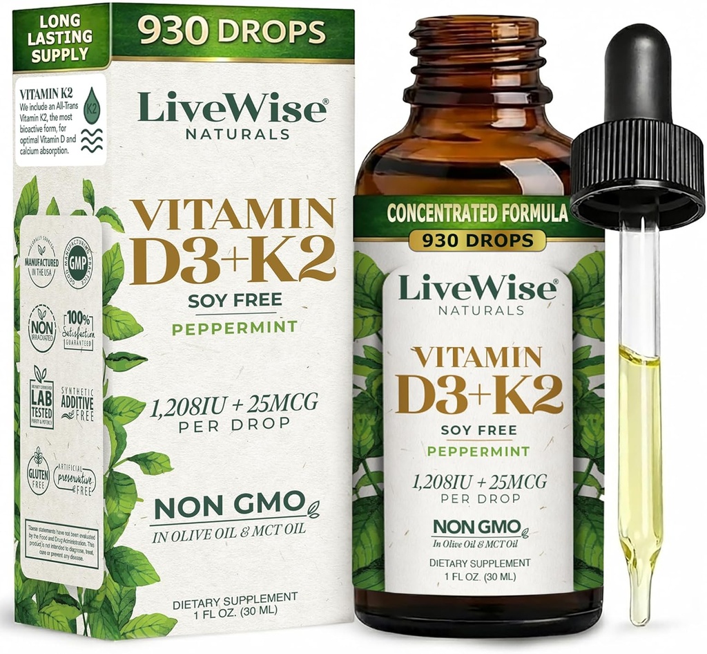 LiveWise Naturals Vitamin D3 with K2 Liquid Drops, All Natural, Non-GMO, USA Made, 1208 IU Vitamin D3 & 25 mcg K2, Supports Bone Health and Energy Levels, Infused with Peppermint, Olive, and MCT Oil 2