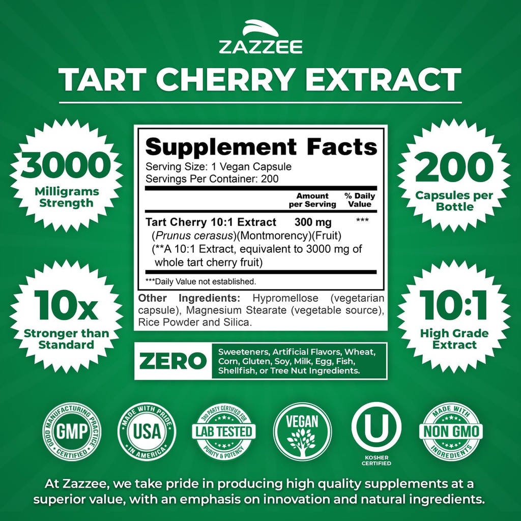 Zazzee Tart Cherry 10:1 Extract, 3000 mg Strength, 200 Vegan Capsules, 6+ Month Supply, Certified Kosher, Concentrated and Standardized 10X Extract, 100% Vegetarian, All-Natural, Gluten Free, Non-GMO 4