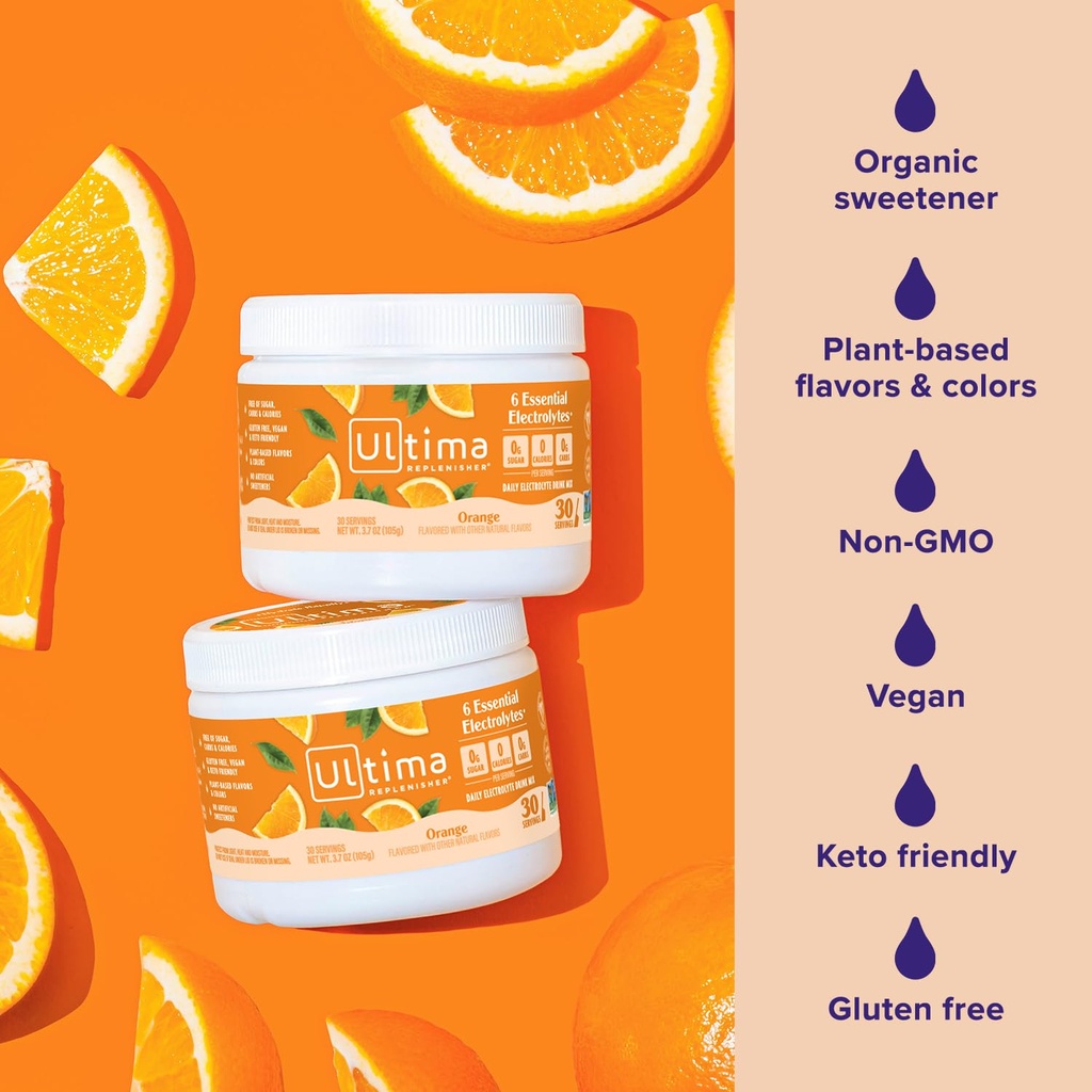 Ultima Replenisher Daily Electrolyte Powder Drink Mix – Sugar Free – Orange, 30 Servings – Hydration Powder with 6 Key Electrolytes and Trace Minerals – Keto Friendly, Vegan, Non-GMO 6
