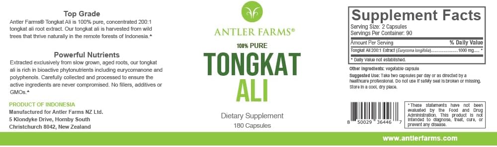 Antler Farms - 100% Pure Tongkat Ali Extract 200:1, 180 Capsules, 500mg - Eurycoma Longifolia Slow Grown Aged Roots from Indonesia – Men’s Health Support, Vegan, Gluten, Soy and Dairy Free 3
